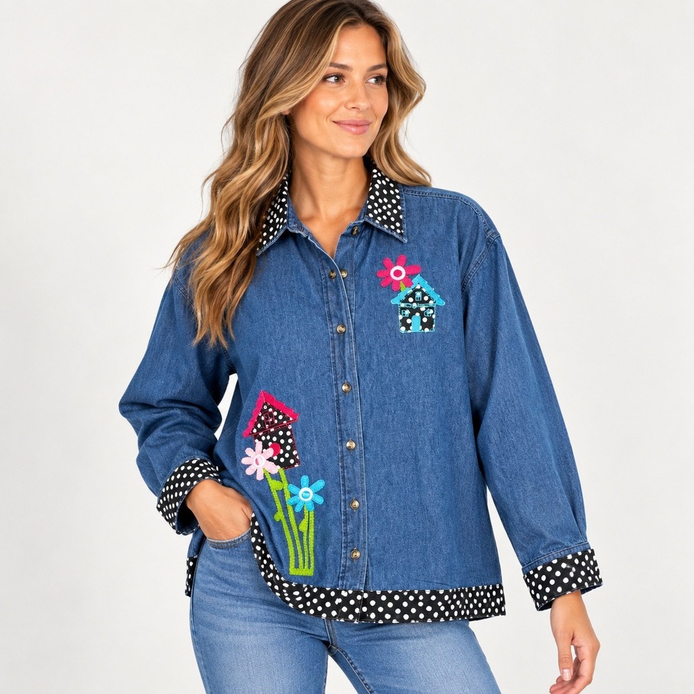 Lighthouse Apparel Embroidered Denim Shirt Birdhouse Floral Polka Dot Large